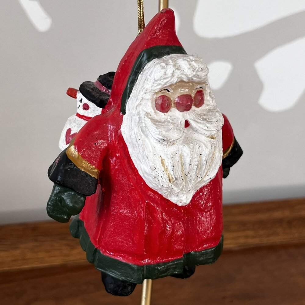 House of Hatten Santa with Snowman Pack on Back Ornament Vintage 1993 Folk Art